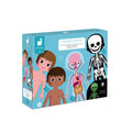 Blue Janod box with four giant human body puzzles: boy, girl, internal organs, and a glow-in-the-dark skeleton.
