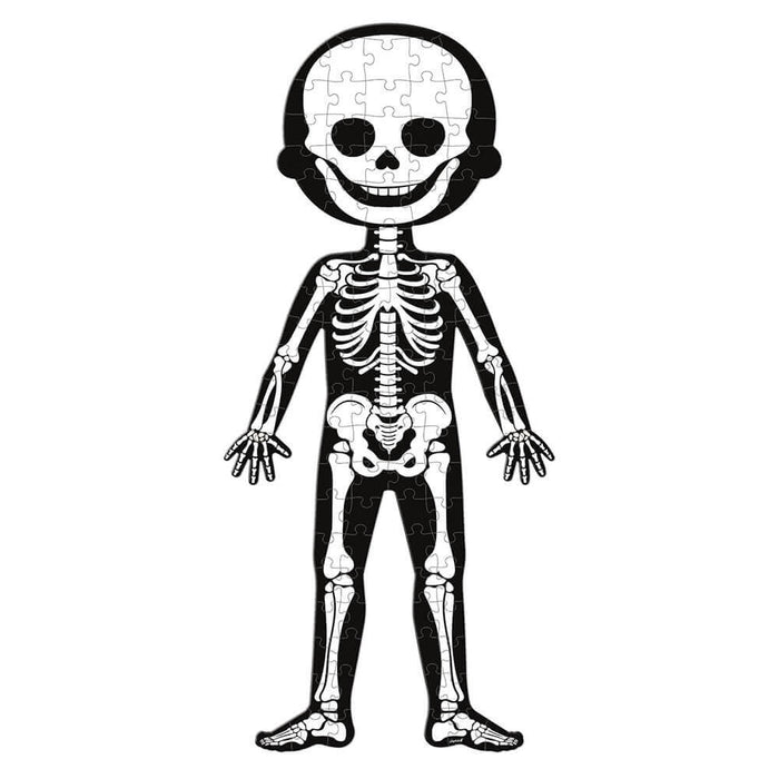 Black and white full-body cartoon skeleton jigsaw puzzle with visible interlocking piece outlines.