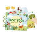 Spiral-bound farm busy book with colorful illustrations and interactive animal, vegetable, and letter cut-outs.