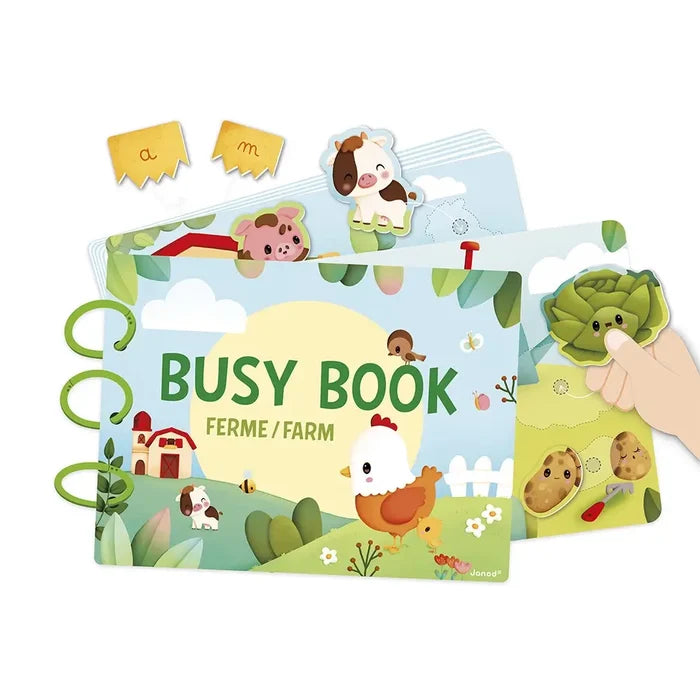 Spiral-bound farm busy book with colorful illustrations and interactive animal, vegetable, and letter cut-outs.