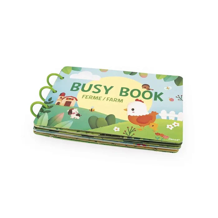 Spiral-bound board book titled Busy Book Farm with colorful illustrations of a hen, cow, and red barn on the cover.