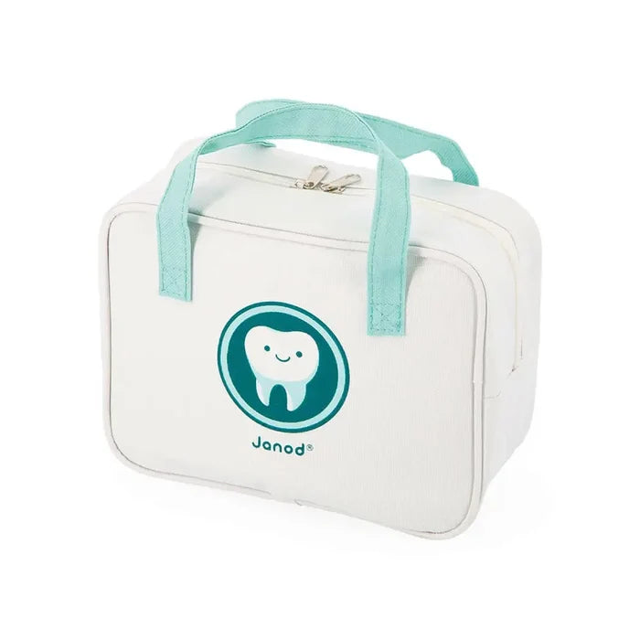 White rectangular zippered toy dentist bag with light blue handles and a smiling tooth logo on the front.