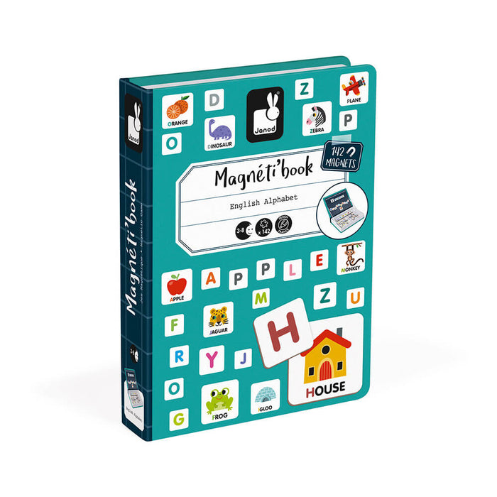 Teal book-shaped magnetic alphabet game box featuring colorful letter and object magnets.