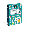 Teal book-shaped magnetic alphabet game box featuring colorful letter and object magnets.