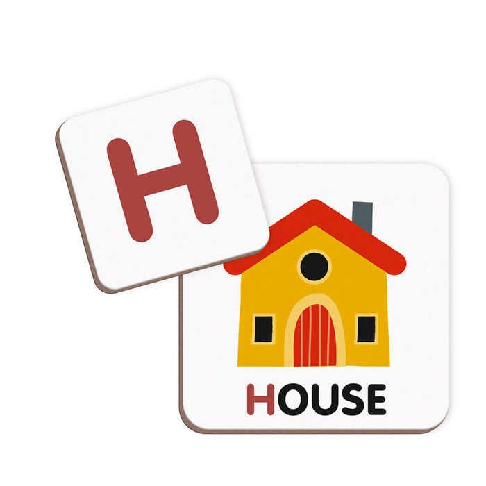Two magnetic tiles showing a red letter H and a yellow house illustration with the word HOUSE printed below.