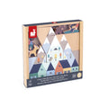 Colorful wooden building blocks with mountain, house, and animal illustrations in a light wood tray.