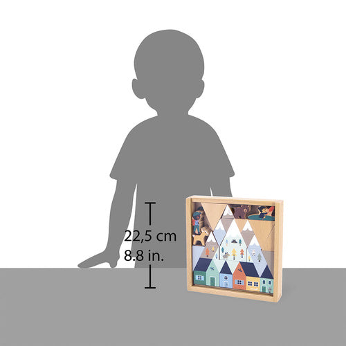 Square wood frame filled with mountain and house shaped blocks, shown next to a child silhouette for scale.