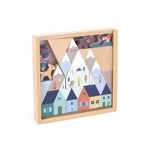 Wooden tray with illustrated mountain, house, and animal blocks in soft blues, greens, and natural wood tones.