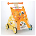 Orange wooden cat-shaped baby walker with a bead maze, shape sorter, and colorful activities on four wheels.