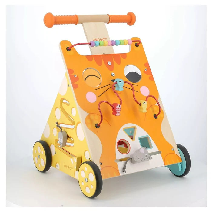 Orange wooden cat-shaped baby walker with a bead maze, shape sorter, and colorful activities on four wheels.