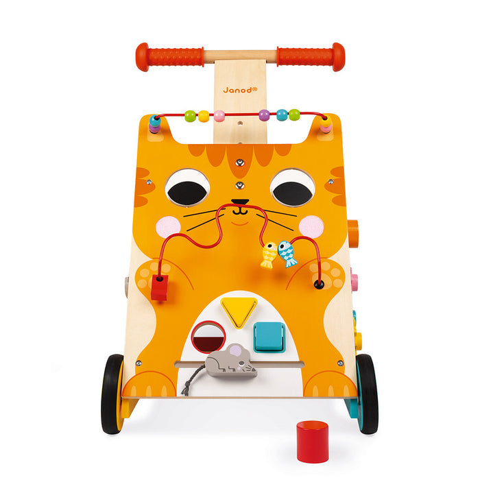 Orange wooden cat walker with a shape sorter, fish bead maze, and abacus. Features a friendly face and four wheels.