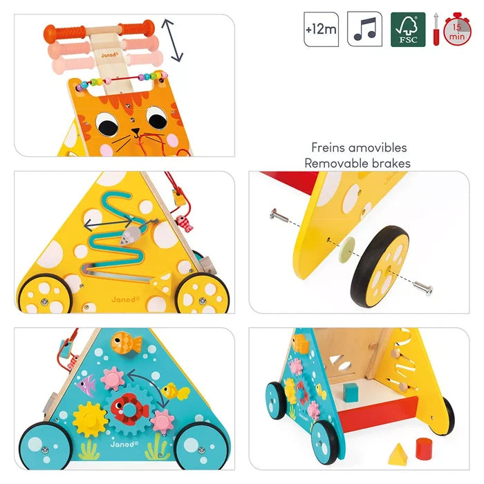 Wooden cat-themed activity walker with adjustable handle, gear and maze panels, shape sorter, and removable brakes.