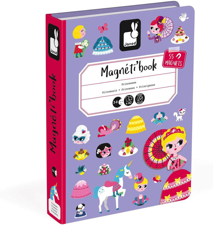 Purple book-shaped box featuring illustrations of princesses, ball gowns, a white unicorn, and 55 magnets.