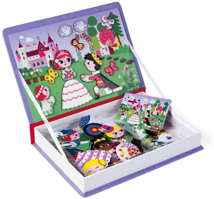 Open purple book with a magnetic fairy tale scene on the lid and colorful magnet pieces stored in the base.