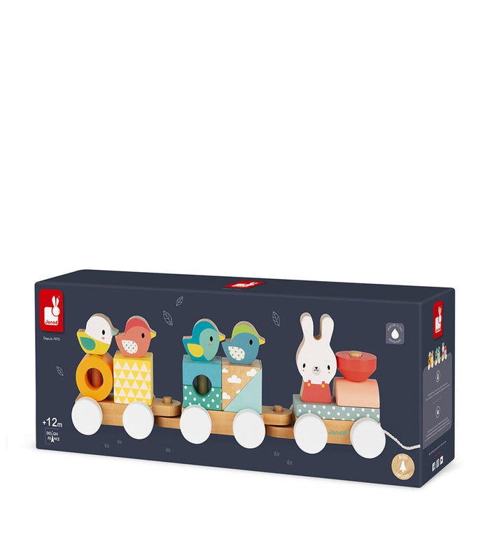 Boxed wooden pull-along train featuring pastel cars, bird figures, and a bunny driver on large white wheels.