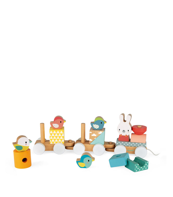 Three-car wooden pull-along train with pastel stackable blocks, bird characters, and a bunny figurine.