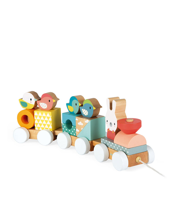 Pastel wooden pull-along train featuring bird and bunny figures, patterned blocks, and white wheels.