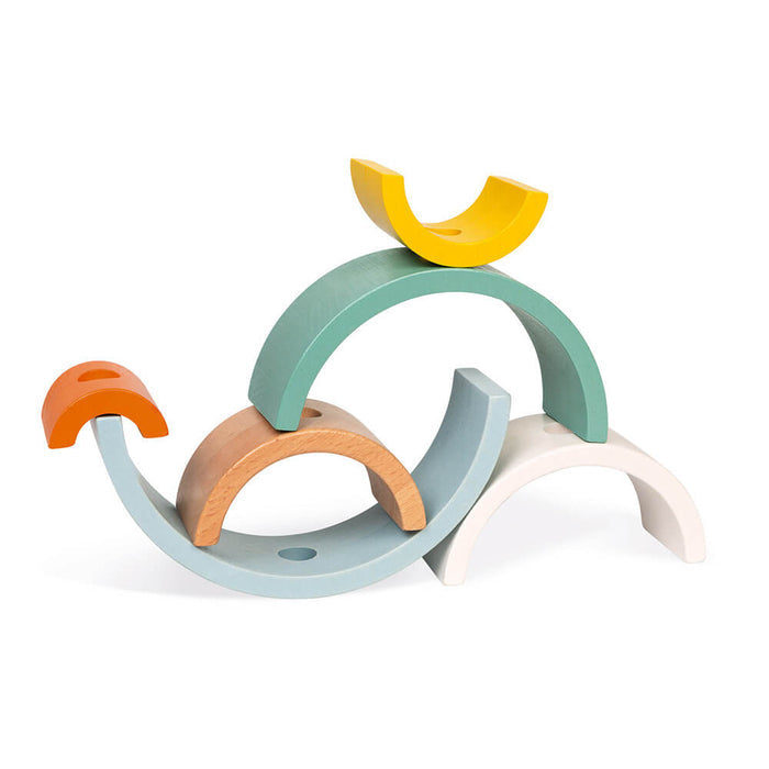 Six colorful wooden arches stacked in a balanced arrangement, featuring yellow, green, blue, and orange pieces.