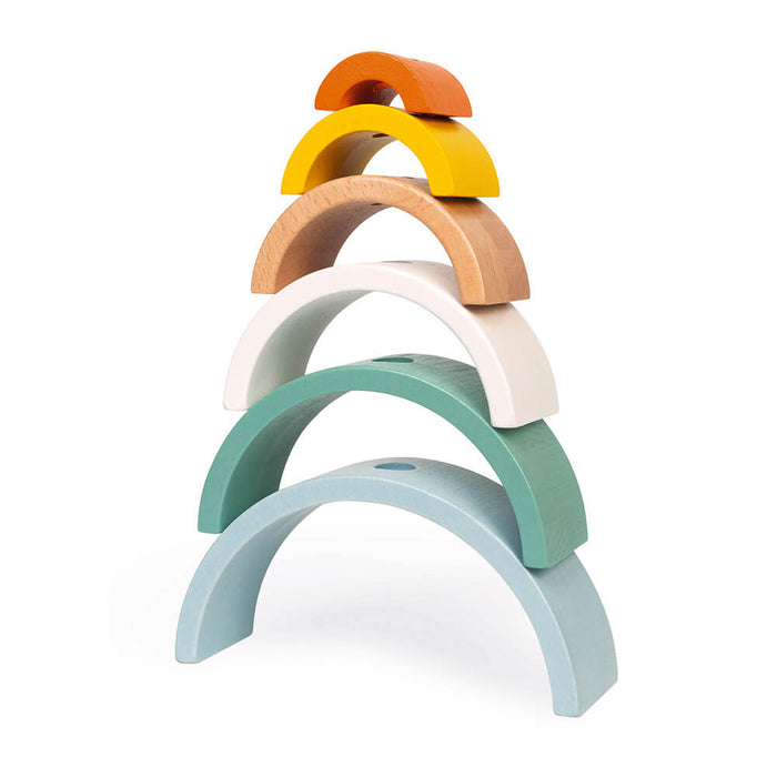 Six wooden arches in orange, yellow, natural wood, white, teal, and light blue stacked in a vertical tower.