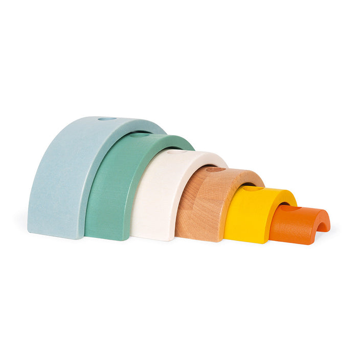 Six nesting wooden arches in blue, green, cream, natural wood, yellow, and orange, stacked from largest to smallest.