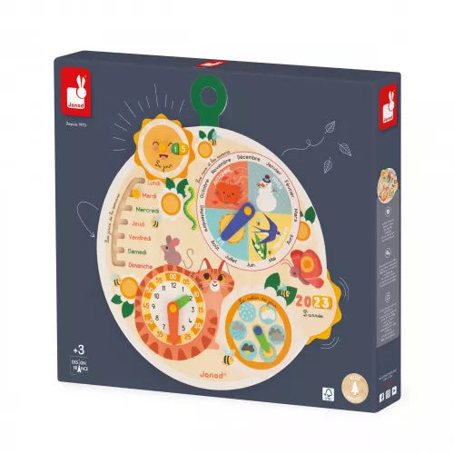 Dark blue box featuring a round wooden board with a clock, seasons wheel, and colorful animal illustrations.