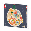 Dark blue box featuring a round wooden board with a clock, seasons wheel, and colorful animal illustrations.