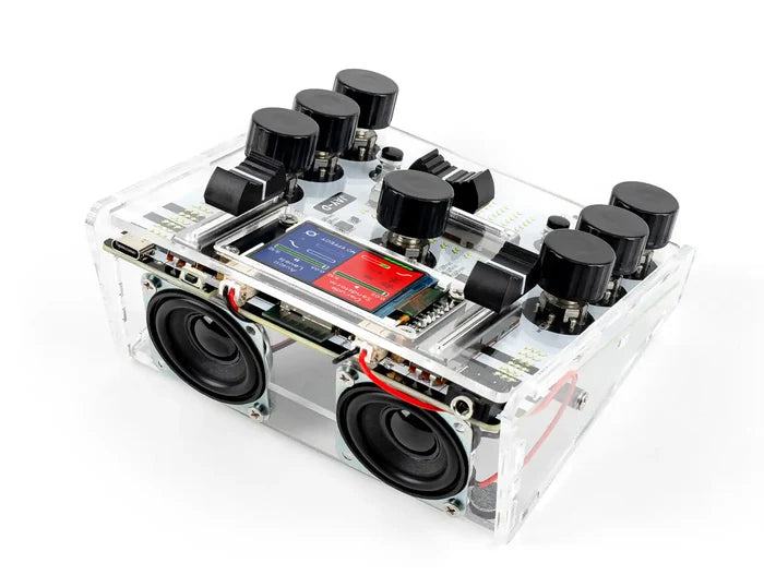 Transparent DIY DJ mixer featuring two black speakers, a color screen, and multiple control knobs and sliders.