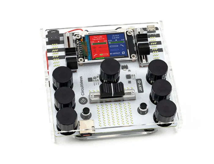 White DIY DJ mixer with a color screen, black knobs, a sliding fader, and transparent acrylic housing.