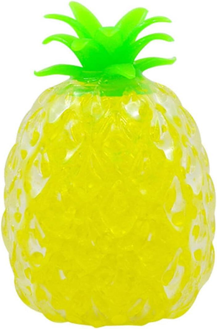 Yellow pineapple-shaped toy with a green crown, filled with translucent yellow jelly balls.