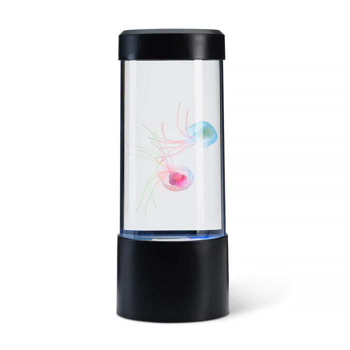 Black cylindrical lamp with two colorful artificial jellyfish floating inside a clear water-filled tank.
