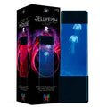 Blue rectangular jellyfish lamp with a black base next to its box featuring vibrant pink and purple light designs.