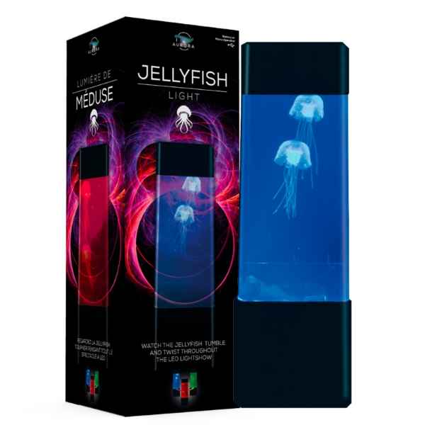 Blue rectangular jellyfish lamp with a black base next to its box featuring vibrant pink and purple light designs.