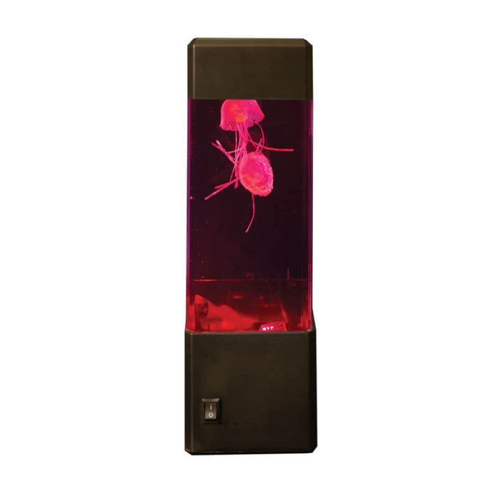 Rectangular black tank with two glowing pink jellyfish floating in red-lit water and a power switch on the base.