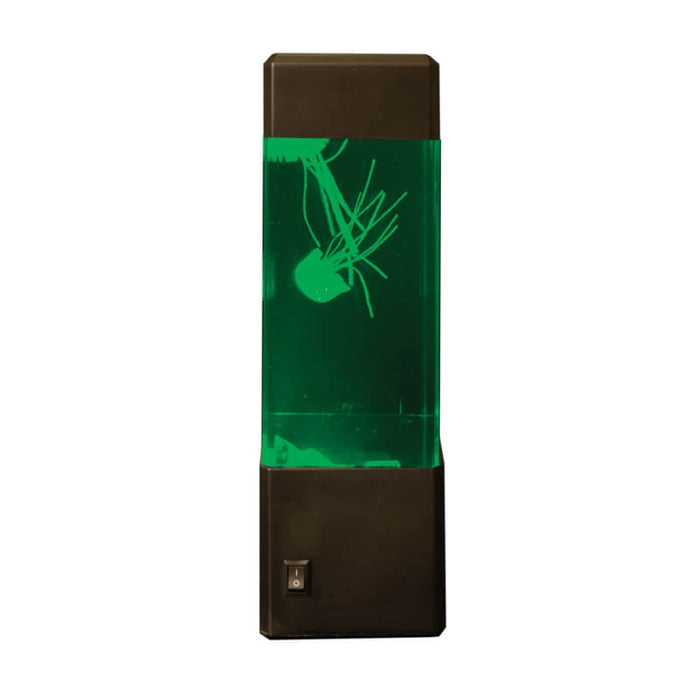 Tall rectangular lamp with a black base and top, green glowing liquid, and two artificial jellyfish floating inside.