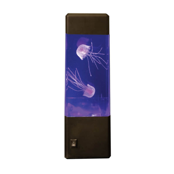Tall rectangular tank with black caps and two white artificial jellyfish floating in purple-lit water.