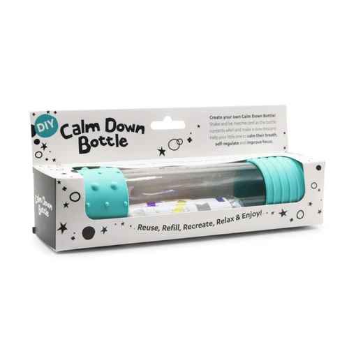 Clear DIY sensory bottle with mint green textured caps in a white box with black star and circle patterns.