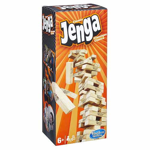 Tall rectangular orange box with a sunburst design, featuring the Jenga logo and a falling wooden block tower.