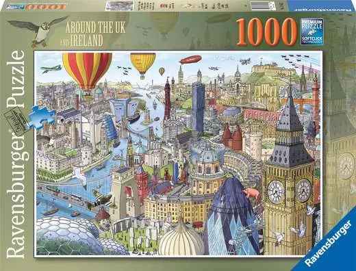 Ravensburger 1000-piece puzzle box featuring a colorful illustration of UK and Ireland landmarks and hot air balloons.