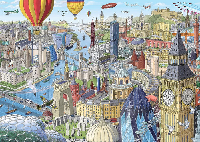 Detailed cartoon illustration of iconic UK and Irish landmarks including Big Ben, Stonehenge, and hot air balloons.