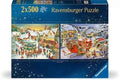 Navy Ravensburger box for two 500-piece puzzles featuring snowy Christmas village scenes and Santa in his sleigh.