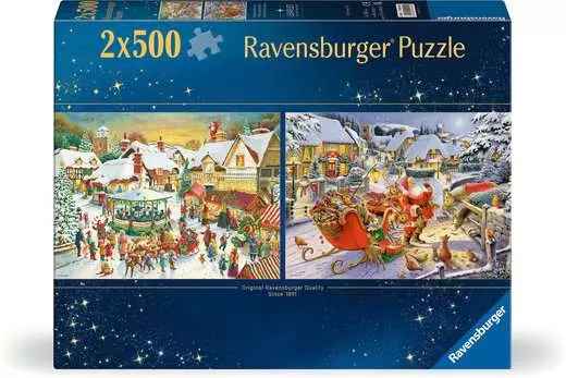 Navy Ravensburger box for two 500-piece puzzles featuring snowy Christmas village scenes and Santa in his sleigh.