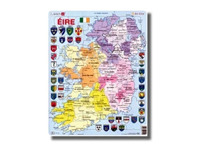 Colorful map of Ireland jigsaw puzzle with county crests and the title Éire next to the national flag.