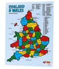 Colorful handmade wooden map puzzle of England and Wales with vibrant multi-colored counties and city labels.