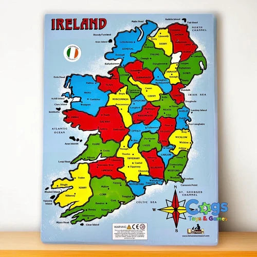 Colorful map of Ireland jigsaw puzzle featuring vibrant counties, town names, a compass rose, and an Irish flag emblem.