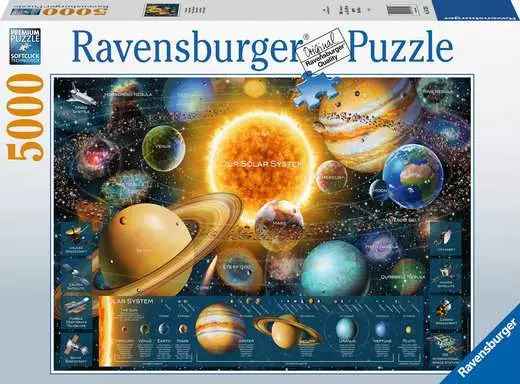 Ravensburger 5000-piece puzzle box featuring a colorful solar system illustration with planets and the sun.