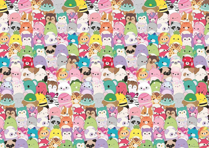 A dense pattern of colorful, rounded plush toy characters in pastel shades like pink, blue, yellow, and green.