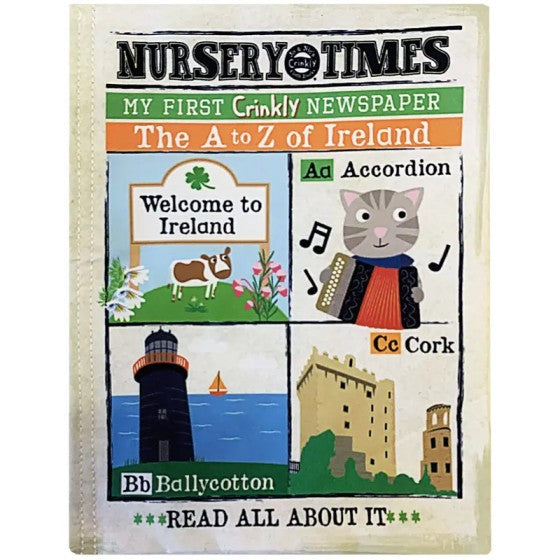 Newspaper-style cloth book cover titled The A to Z of Ireland with illustrations of a cat, cow, lighthouse, and castle.