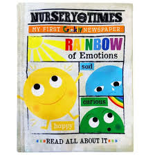 Crinkly cloth book cover styled as a newspaper with colorful happy, sad, and curious character face illustrations.