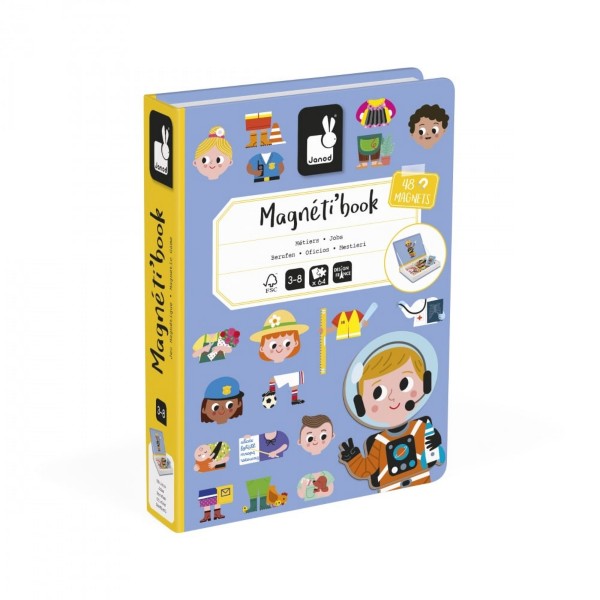 Blue and yellow book-shaped toy box featuring colorful cartoon illustrations of children in various career uniforms.