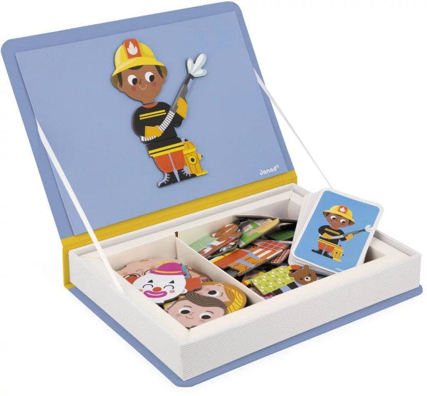 Open blue book-shaped magnetic toy box with character magnets, cards, and a firefighter scene on the inside lid.